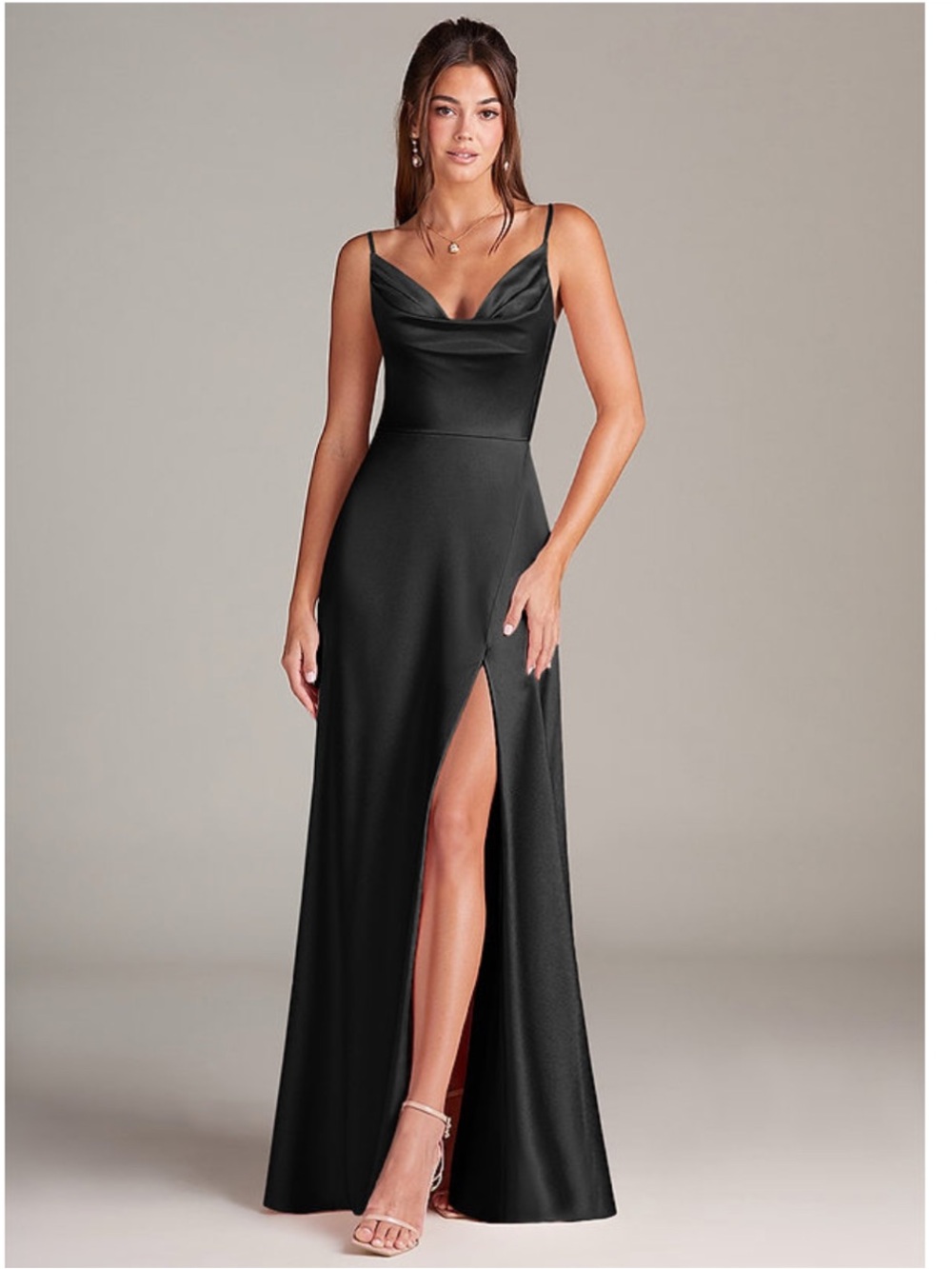 Azazie Black Cowl-Neck Spaghetti-Strap Gown with Thigh Slit